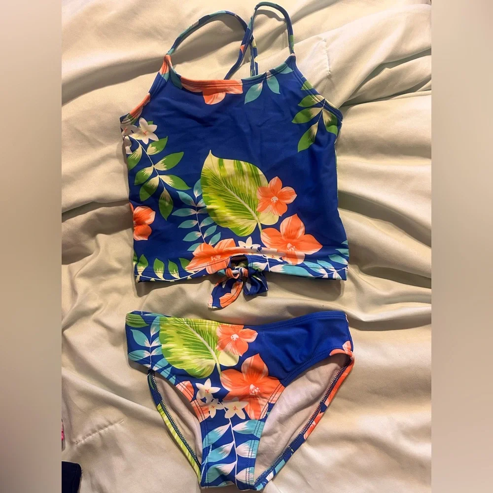 Girls' Blue Tropical Floral Tankini Swim Set